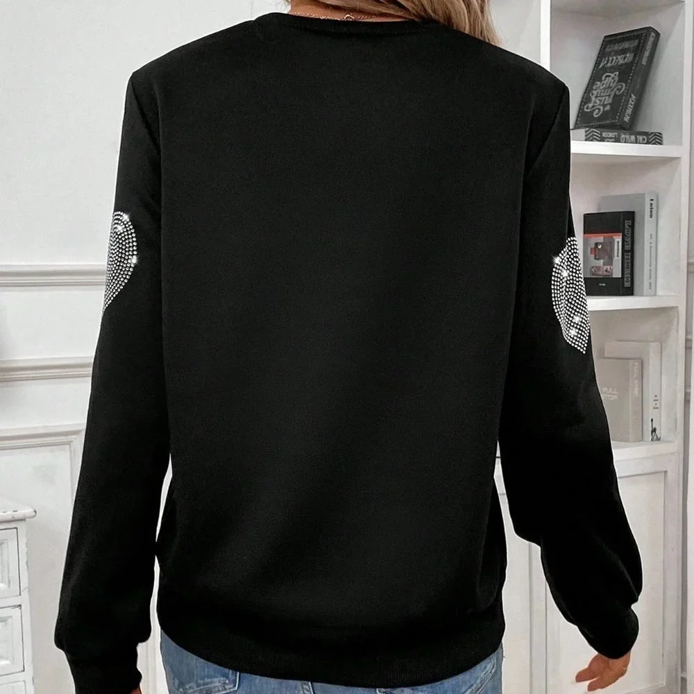Black Casual Womens Rhinestone Decor Heart Pattern Crew Neck Sweatshirt - Picture 2 of 5